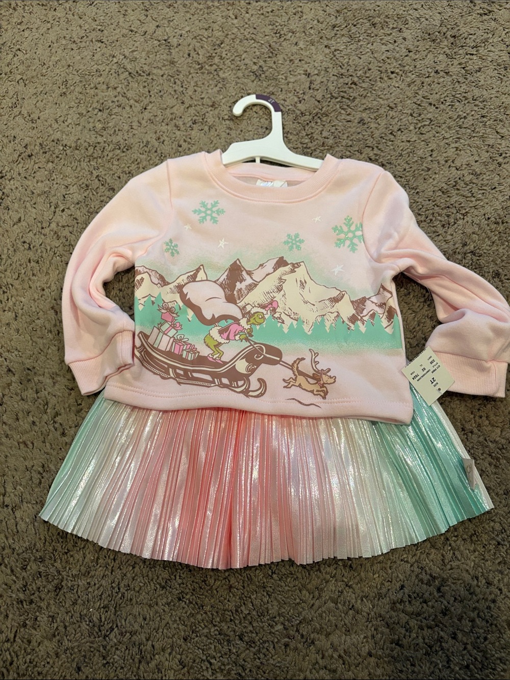 Grinch Pink sweatshirt Top with Mint /pink Iridescent Pleated Skirt